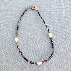 Bohemian bracelet, iridescent seed beads with freshwater pearls.